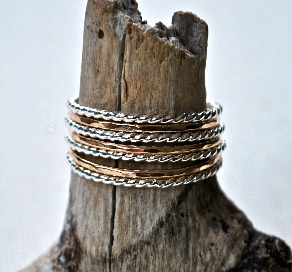 Sterling Silver and Gold Stack Rings Twist and Hammered Bands