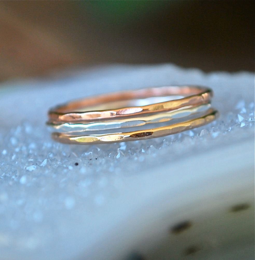 Twelve (12) Stack Rings in Rose gold, silver, gold -- Skinny Stacks 12 rings