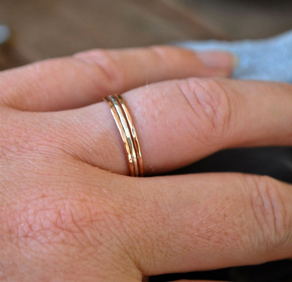 3 10k Gold and silver stack rings - 10k rose gold, 10k yellow gold and Argentium sterling silver ring stack