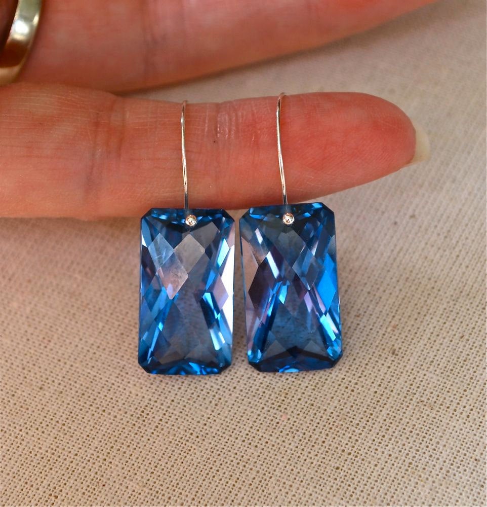 London Blue Quartz Recycled Argentium Dangle Earrings Something Blue Pan Cut 49 carats. Made in 14k or Silver