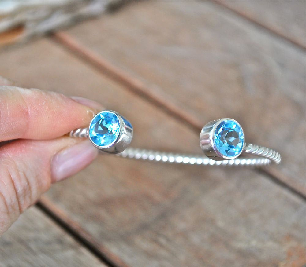 Cuff Bracelet Sterling Silver Gemstone Bracelet Blue Topaz Twist Bangle Cuff Custom Size Gift for Her