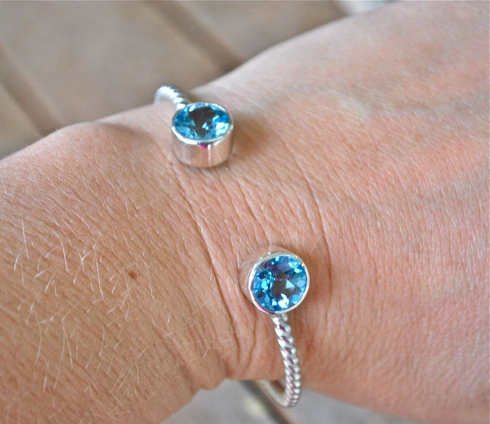 Cuff Bracelet Sterling Silver Gemstone Bracelet Blue Topaz Twist Bangle Cuff Custom Size Gift for Her