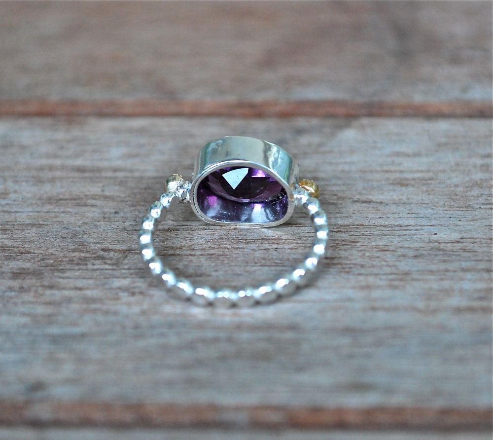 Ring Amethyst Purple Grape Amethyst Diamond Gold and Silver Bead Ring