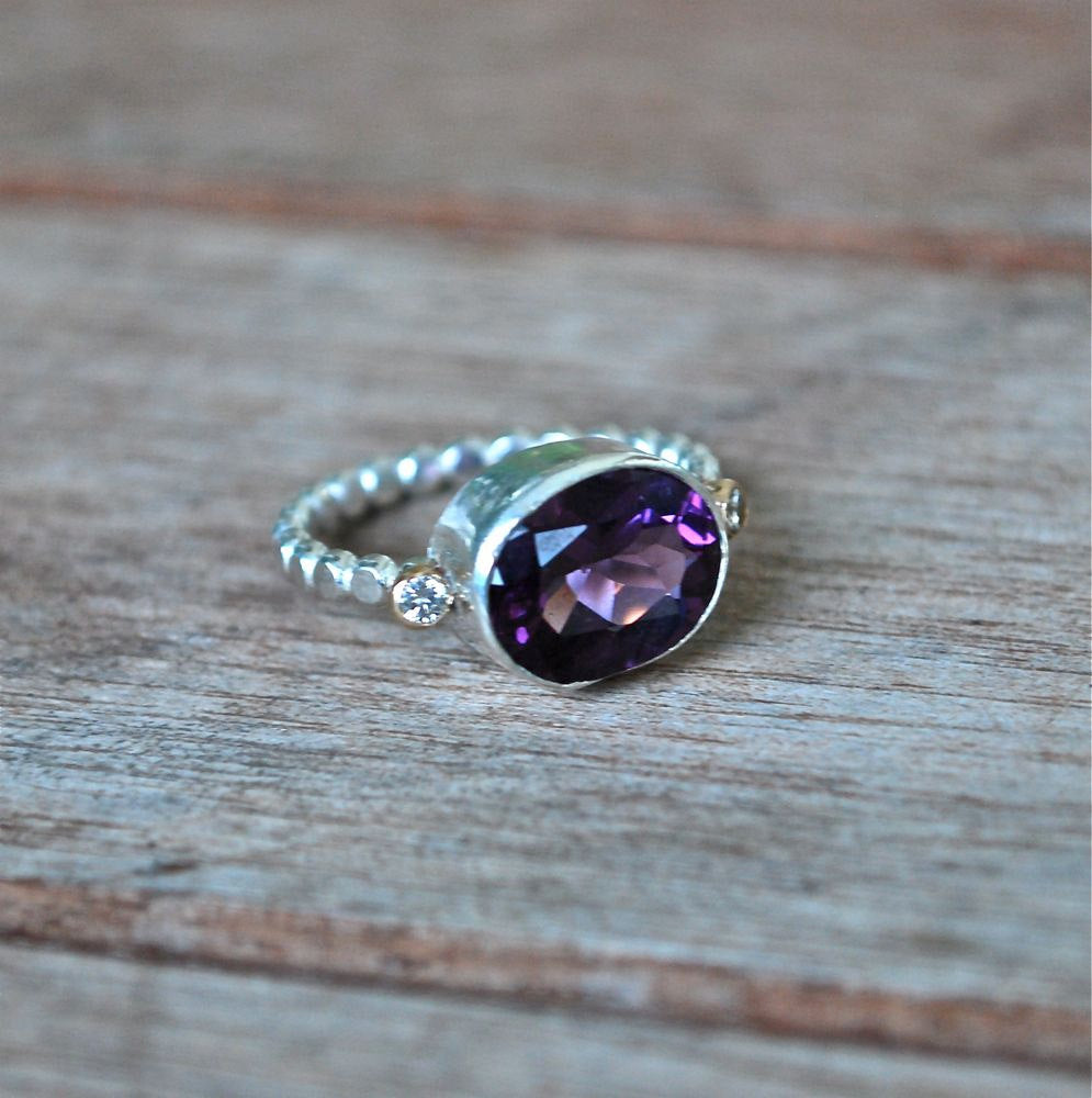 Ring Amethyst Purple Grape Amethyst Diamond Gold and Silver Bead Ring