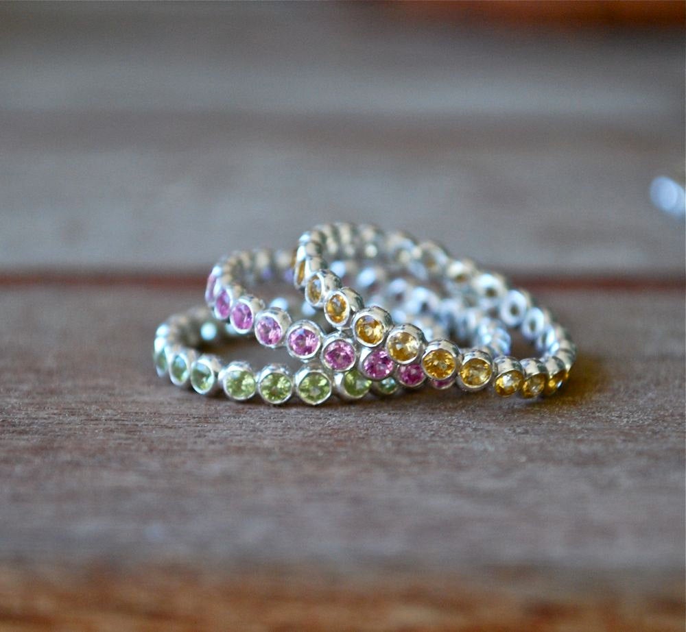 Birthstone Stacking Rings Natural Gemstone Stack Wedding Stackable Rings Eternity Band - Stacking Rings Set of 3 in Recycled Sterling Silver