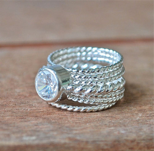 White Topaz Diamond Ring Alternative - Handmade Engagement Ring - 6 Twist Stack Rings - Recycled Sterling Silver Stackable