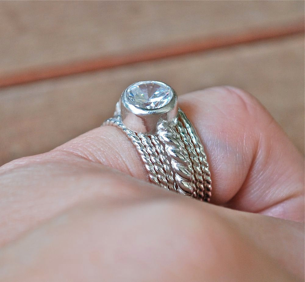 White Topaz Diamond Ring Alternative - Handmade Engagement Ring - 6 Twist Stack Rings - Recycled Sterling Silver Stackable