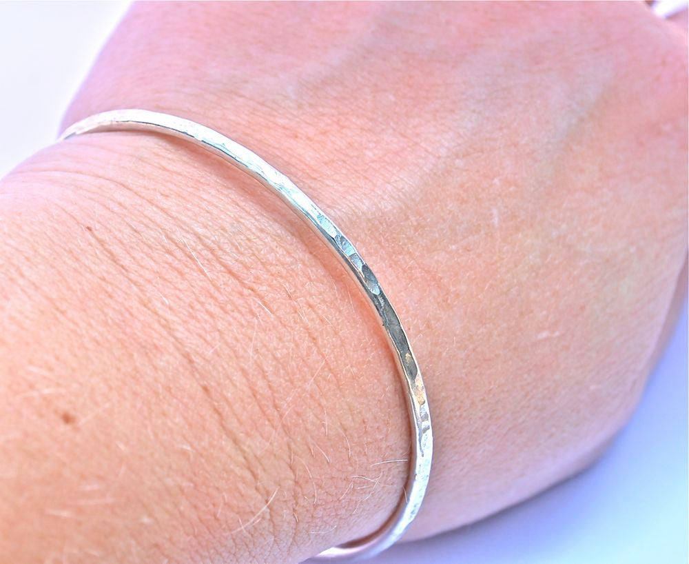 Classic Everyday Silver Bangle - Sterling Silver Hammered Bangle Bracelet - Stackable - Hammer Faceted - 14k Gold or Silver