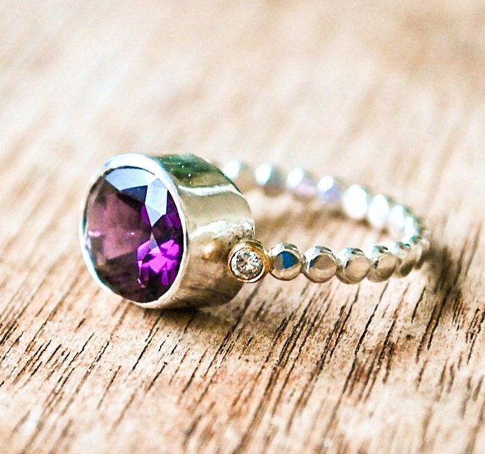 Ring Amethyst Purple Grape Amethyst Diamond Gold and Silver Bead Ring