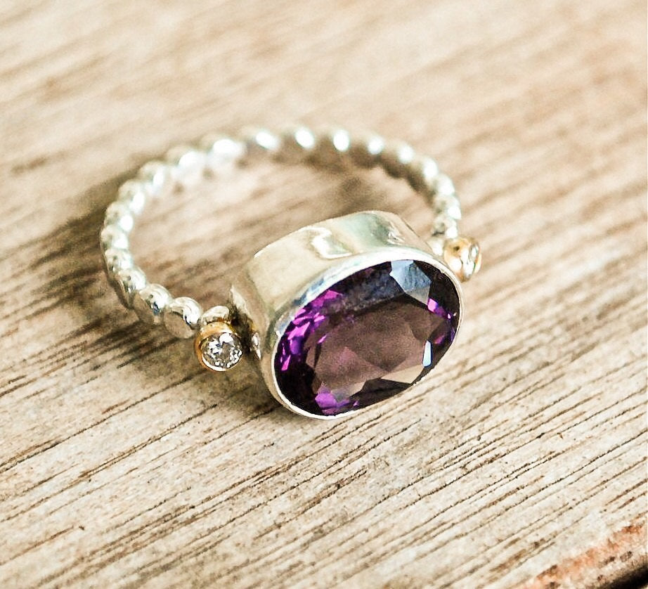 Ring Amethyst Purple Grape Amethyst Diamond Gold and Silver Bead Ring