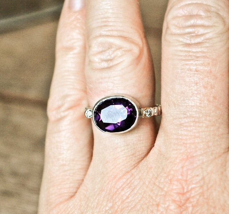 Ring Amethyst Purple Grape Amethyst Diamond Gold and Silver Bead Ring