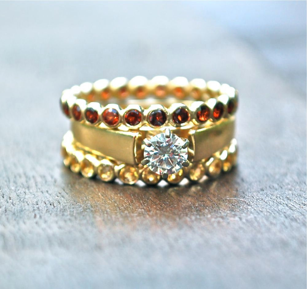 Ring Red Garnet and 14k yellow gold stack ring - Wedding band - Mother's Ring - Children's Birhtstone - Made to Order - Handmade