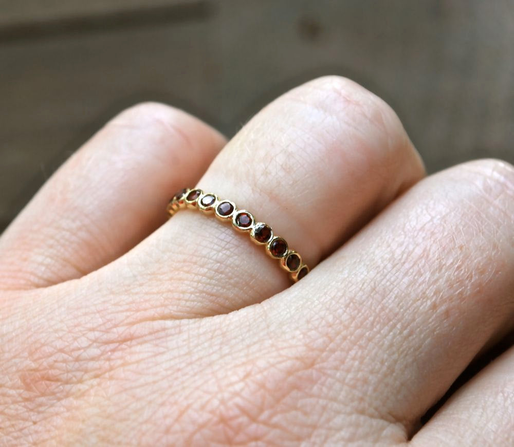 Ring Red Garnet and 14k yellow gold stack ring - Wedding band - Mother's Ring - Children's Birhtstone - Made to Order - Handmade