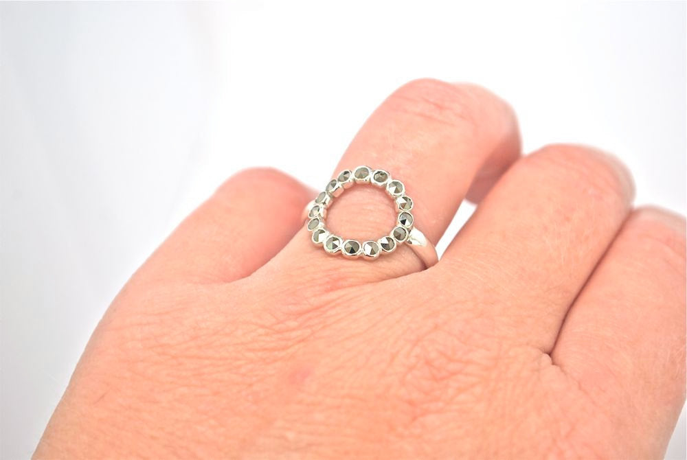 Silver Marcasite Halo Ring - Circle Karma Ring - Infinity Ring - Disc Ring - Gemstone Circle Ring - Diamond Marcasite Circle Ring