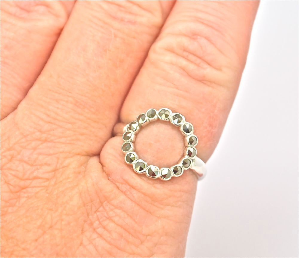 Silver Marcasite Halo Ring - Circle Karma Ring - Infinity Ring - Disc Ring - Gemstone Circle Ring - Diamond Marcasite Circle Ring