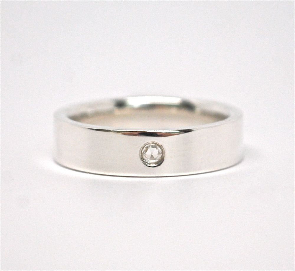 Rose Cut Diamond Band- Ring - Sterling Wedding Band Comfort Fit - Sterling Silver Men's Wedding Ring - Wide Silver Band - 5mm Wide Band