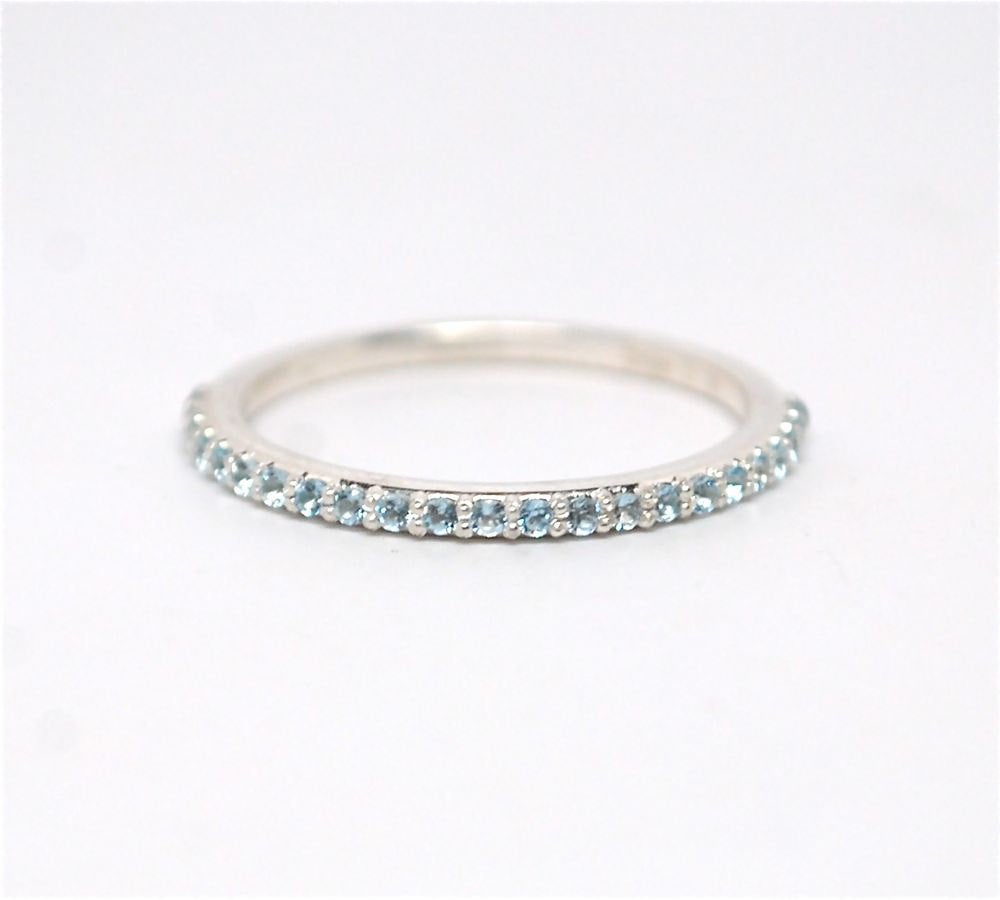 Anniversary Band Blue Aquamarine 14k Gold Ring Half Eternity Micro Pave Wedding Birthstone Band 14k Yellow Rose or White Gold and Platinum