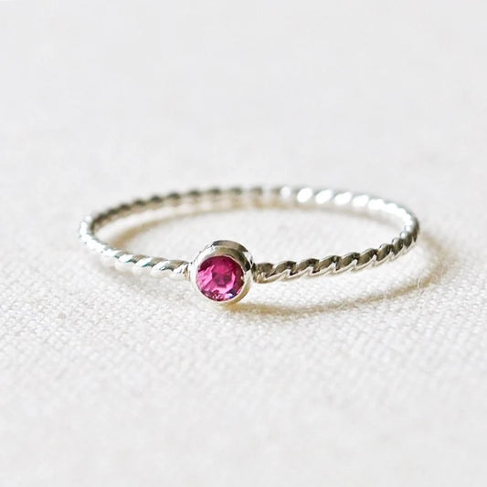 Twist Band Stacking Tiny July Birthstone Ring • Pink Ruby Dainty Silver Ring - Gemstone Ring - Mothers Ring - Gift for Her - Thin Stacking