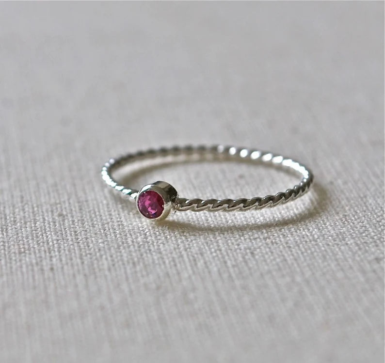 Twist Band Stacking Tiny July Birthstone Ring • Pink Ruby Dainty Silver Ring - Gemstone Ring - Mothers Ring - Gift for Her - Thin Stacking