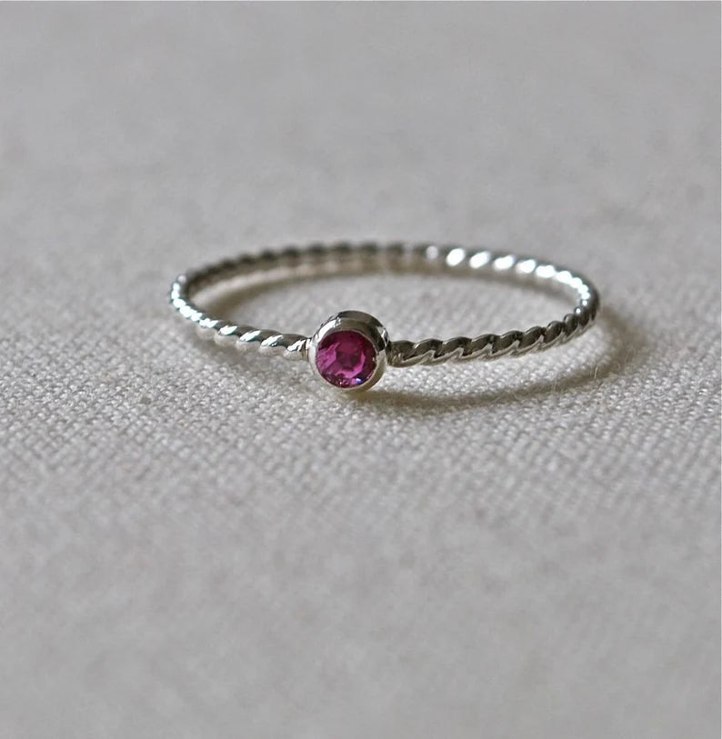 Twist Band Stacking Tiny July Birthstone Ring • Pink Ruby Dainty Silver Ring - Gemstone Ring - Mothers Ring - Gift for Her - Thin Stacking