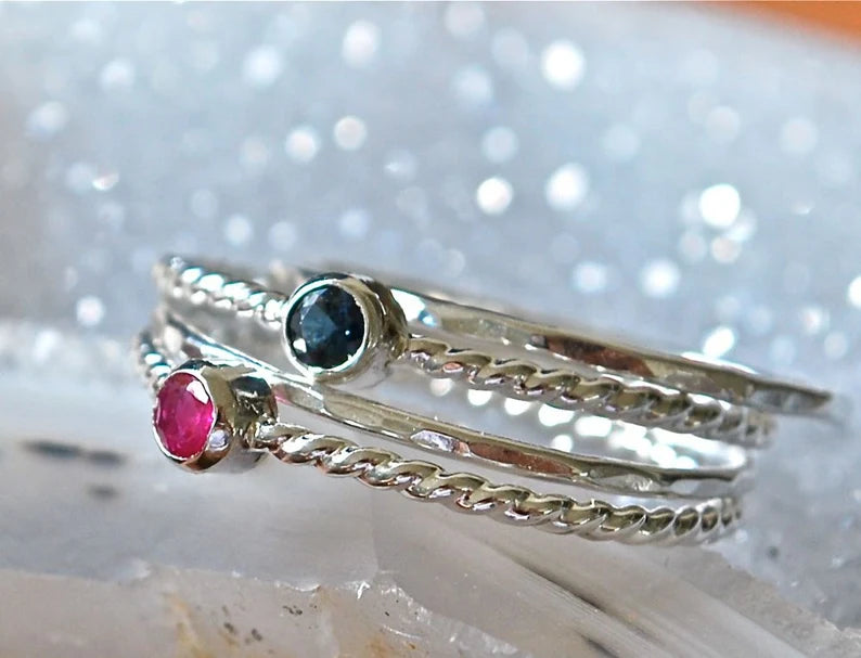 Twist Band Stacking Tiny July Birthstone Ring • Pink Ruby Dainty Silver Ring - Gemstone Ring - Mothers Ring - Gift for Her - Thin Stacking