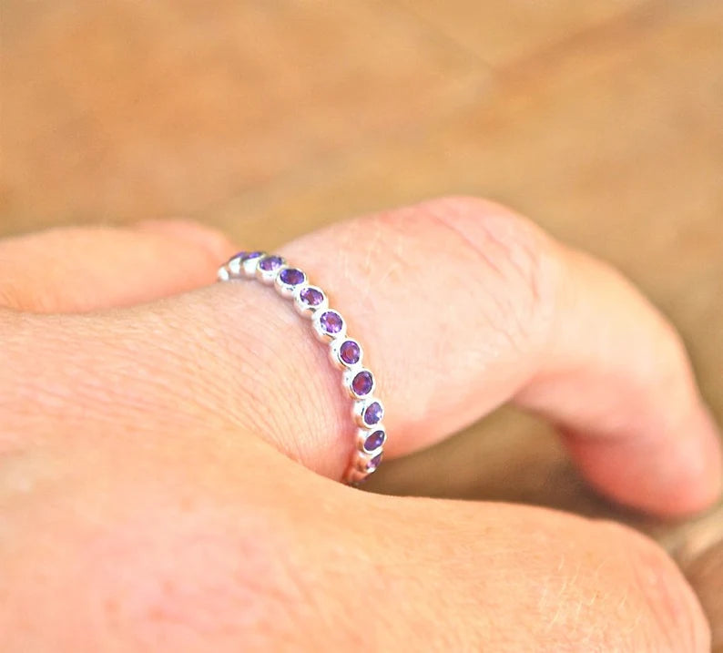 14k solid gold purple amethyst eternity band