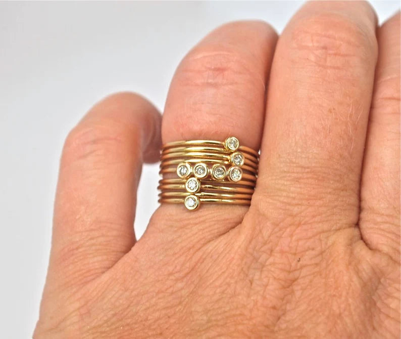 Stack Ring-Diamond Pebble Ring Stack Set-Birthtone Stack Rings-Recycled Gold