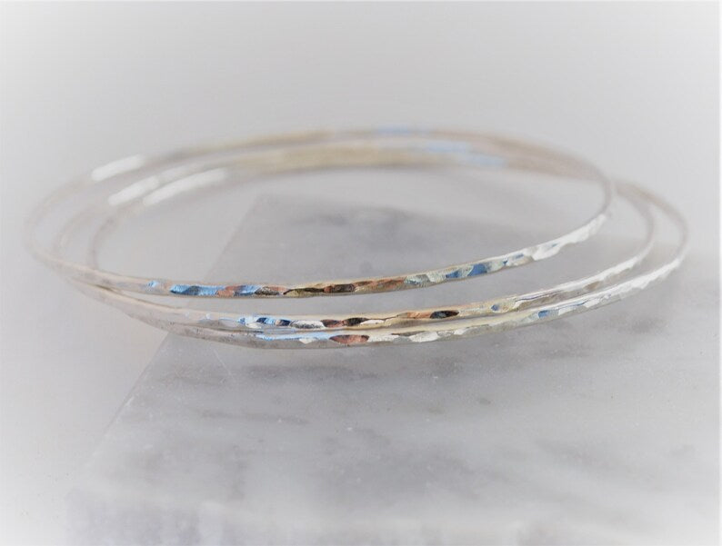 Super Thin Bangles Hammer Faceted And Forged 3 Silver Stack Bracelets Recycled Sterling Silver Bangle Stacking Bracelets