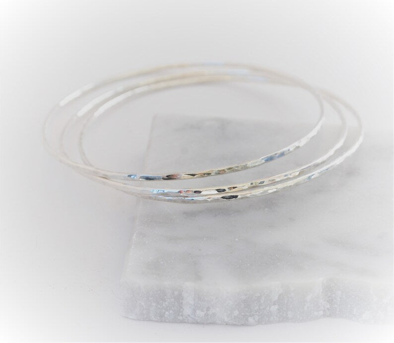 Super Thin Bangles Hammer Faceted And Forged 3 Silver Stack Bracelets Recycled Sterling Silver Bangle Stacking Bracelets