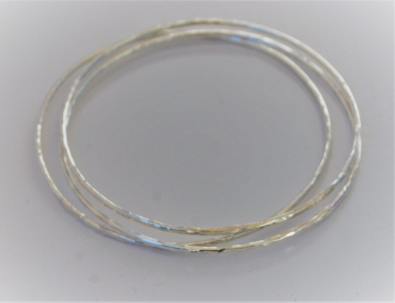 Super Thin Bangles Hammer Faceted And Forged 3 Silver Stack Bracelets Recycled Sterling Silver Bangle Stacking Bracelets