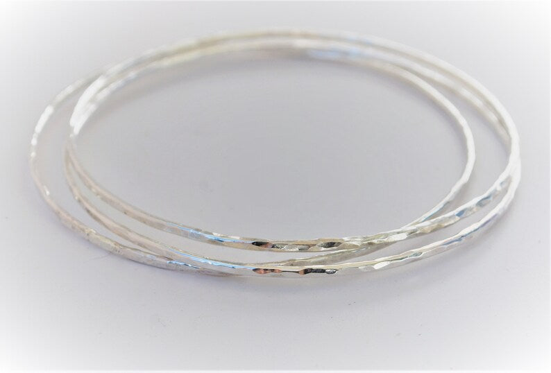 Super Thin Bangles Hammer Faceted And Forged 3 Silver Stack Bracelets Recycled Sterling Silver Bangle Stacking Bracelets