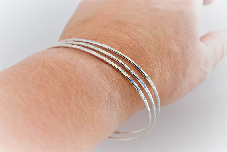 Super Thin Bangles Hammer Faceted And Forged 3 Silver Stack Bracelets Recycled Sterling Silver Bangle Stacking Bracelets