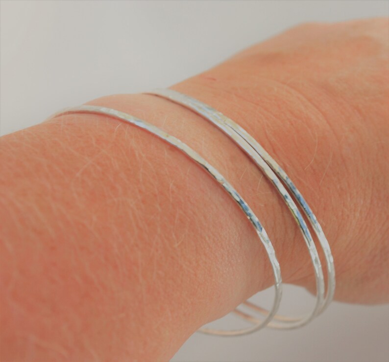 Super Thin Bangles Hammer Faceted And Forged 3 Silver Stack Bracelets Recycled Sterling Silver Bangle Stacking Bracelets