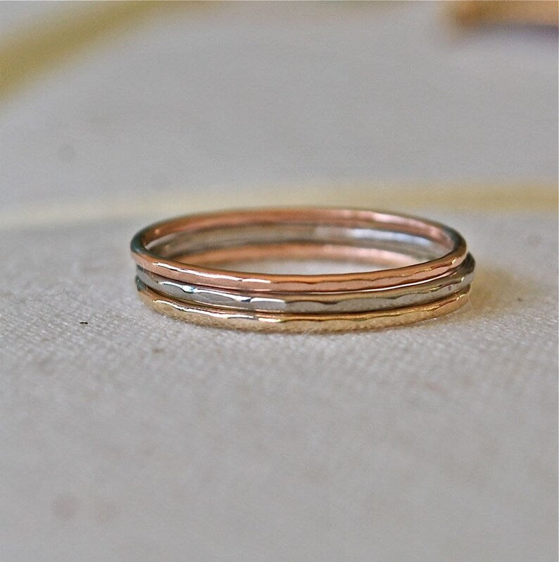 Super Skinny Thin Hammer Faceted 14k Rose Gold Palladium Stacking Rings, Delicate Bands, Mixed Metals - Recycled Gold Solid 14K Rings