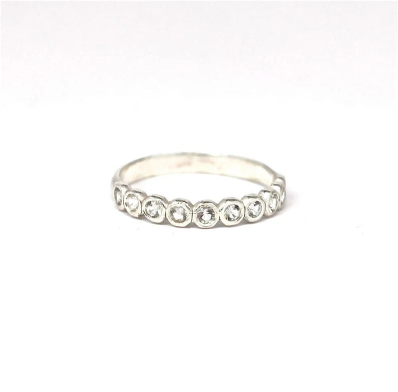 White Topaz 2mm- Half Eternity Band Sterling Silver Gemstone Birthstone Wedding Band Made to Order