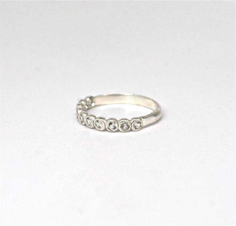 White Topaz 2mm- Half Eternity Band Sterling Silver Gemstone Birthstone Wedding Band Made to Order