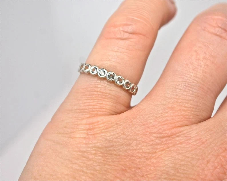 White Topaz 2mm- Half Eternity Band Sterling Silver Gemstone Birthstone Wedding Band Made to Order