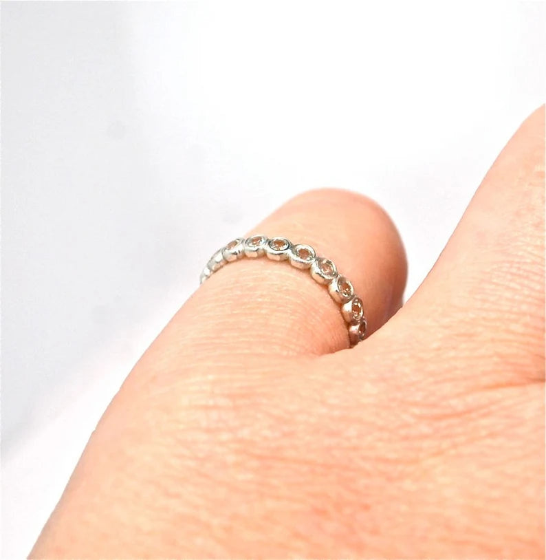 White Topaz 2mm- Half Eternity Band Sterling Silver Gemstone Birthstone Wedding Band Made to Order