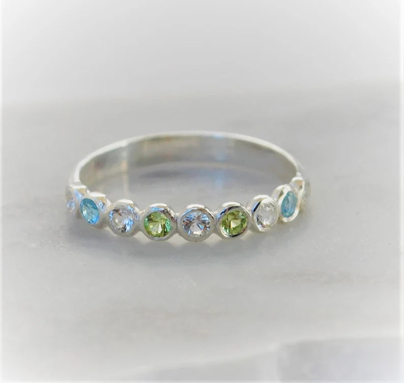 White Topaz 2mm- Half Eternity Band Sterling Silver Gemstone Birthstone Wedding Band Made to Order