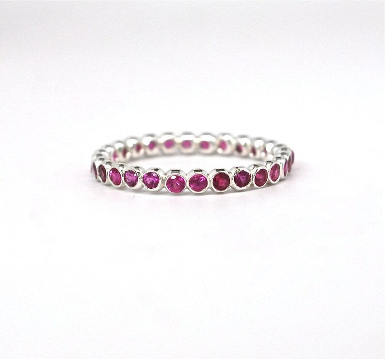 14k Eternity Band Red Ruby Gemstone Eternity Stacking Ring Recycled 14k Gold - July Birthstone - Handmade Engagement - Children Birthstone