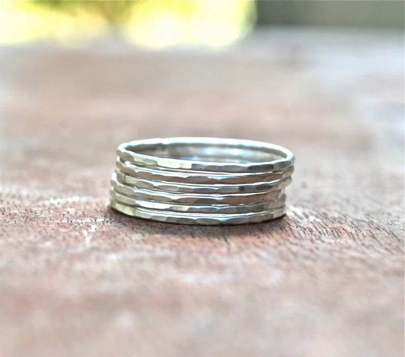 Thin Shiny Hammer Faceted and Forged Bands 7 Gold Rings - 10k Recycled Gold Stack Rings - Skinny Stack - Delicate Bands