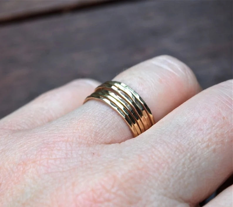 Thin Shiny Hammer Faceted and Forged Bands 7 Gold Rings - 10k Recycled Gold Stack Rings - Skinny Stack - Delicate Bands