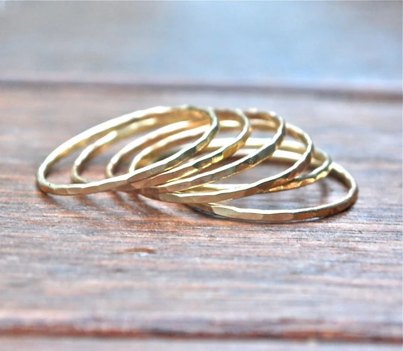 Thin Shiny Hammer Faceted and Forged Bands 7 Gold Rings - 10k Recycled Gold Stack Rings - Skinny Stack - Delicate Bands