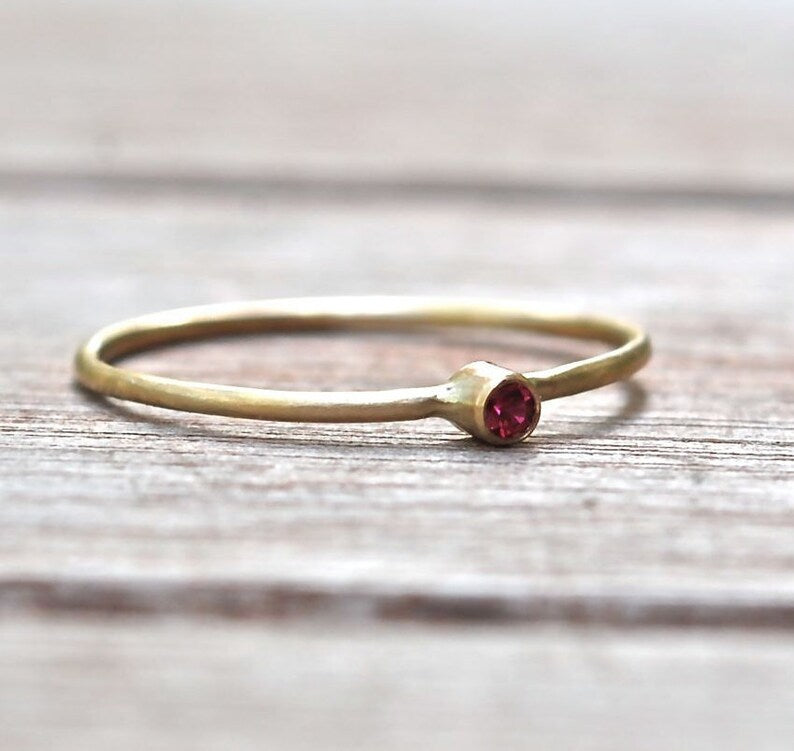 Tiny July Birthstone Ring • Pink Ruby Ring - Dainty Gold Ring - Gemstone Ring - Mothers Ring Set - Gift for Her - Thin Stacking Rings - Thin