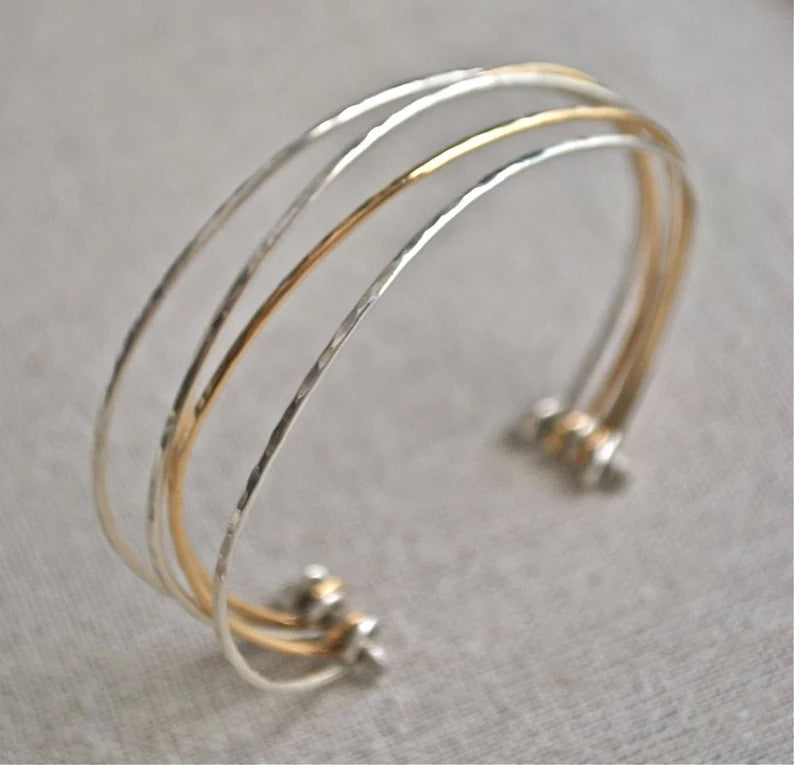 Skinny Thin Shiny Hammered Mixed Metal Forged Bracelet Statement Silver and Gold Skinny Bangle Stack