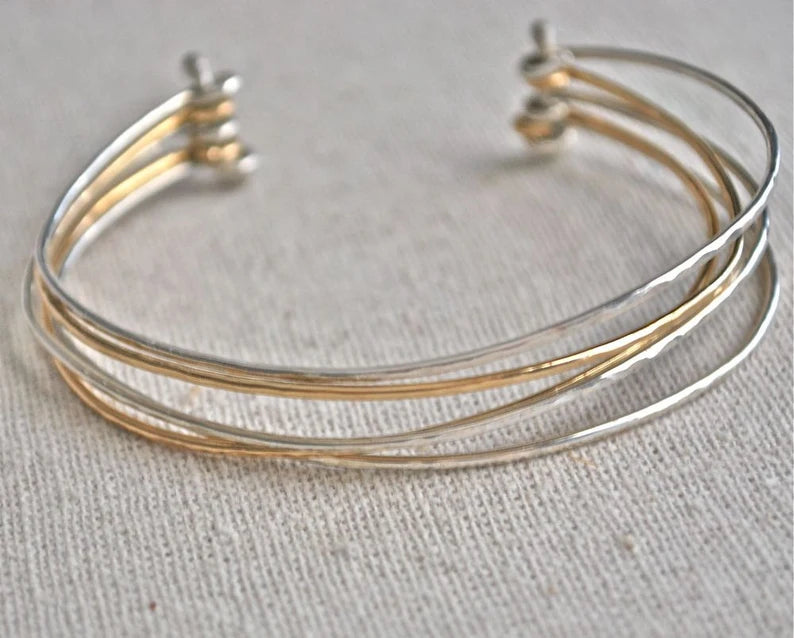 Skinny Thin Shiny Hammered Mixed Metal Forged Bracelet Statement Silver and Gold Skinny Bangle Stack