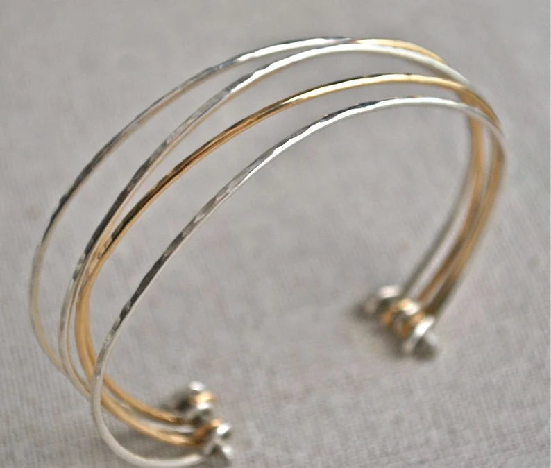 Skinny Thin Shiny Hammered Mixed Metal Forged Bracelet Statement Silver and Gold Skinny Bangle Stack