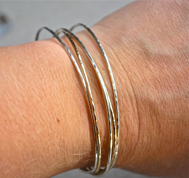 Skinny Thin Shiny Hammered Mixed Metal Forged Bracelet Statement Silver and Gold Skinny Bangle Stack