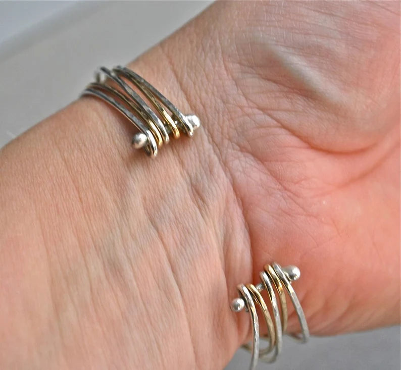 Skinny Thin Shiny Hammered Mixed Metal Forged Bracelet Statement Silver and Gold Skinny Bangle Stack