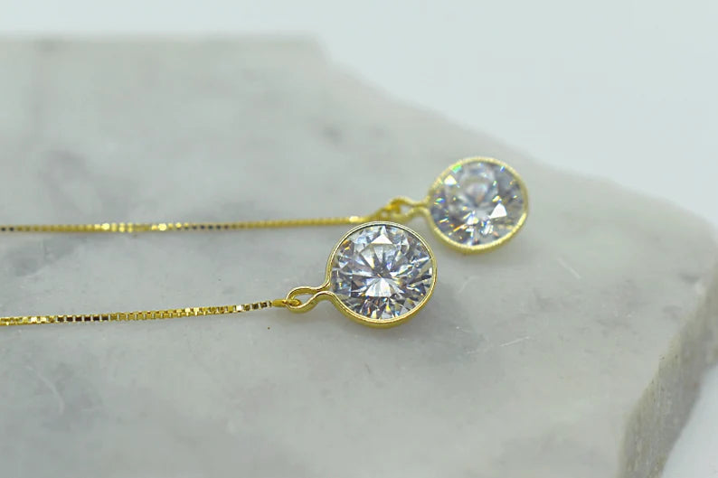 14k Yellow Gold Box Chain Threader Earrings 8mm (2ct) Colorless Cubic Zirconia